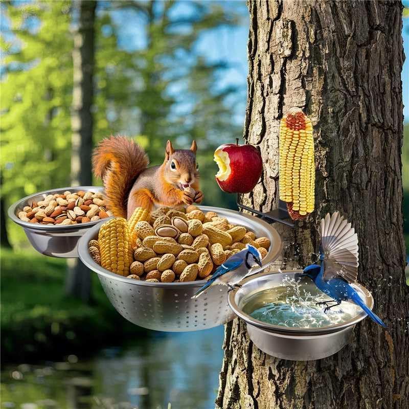 Ofasixx 3-Hoop Squirrel/Bird Feeder, 2025 Cute Metal Bowl Outside Tree Mounted,1 x 8.5in Drainage Bowl+2 Corn Cob Spikes for Dry Food,2 x 5in Solid Bowls for Wet Food/Water, Perfect Squirrel Feeders for Yard - Image 1